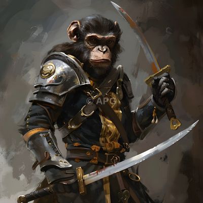 Kriegerischer Schimpanse in Rüstung mit blutigen Katanas